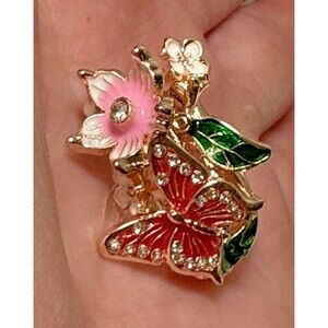 Gold-tone Flower Butterfly Adjustable Ring W/ Enamel & Rhinestone